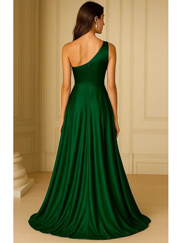 Elegant A-Line One-Shoulder Sleeveless Draped Flowy Emerald Green Floor-Length Prom Dresses
