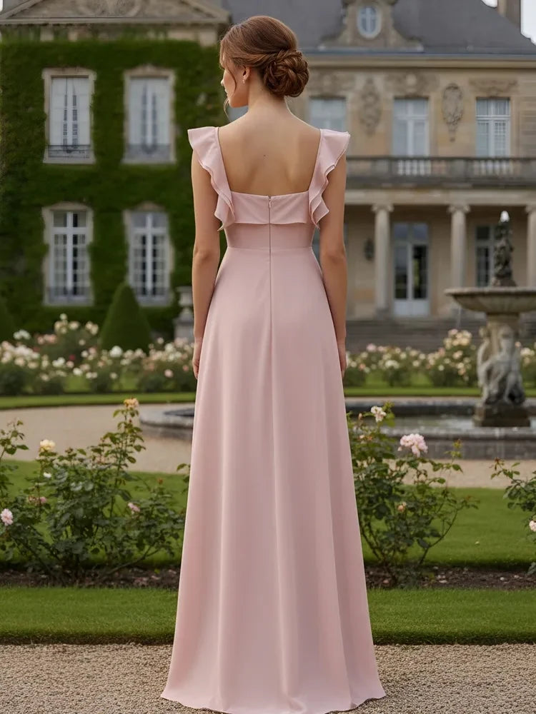 Elegant A-Line Square Neck Ruffled Flowy Blush Pink Floor-Length Prom Dresses Gown