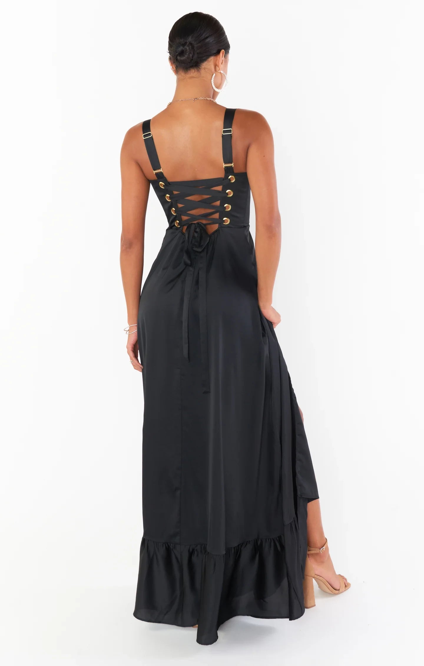 Elegant A-Line Square Neck Sleeveless High Slit Corset Back Black Prom Gown