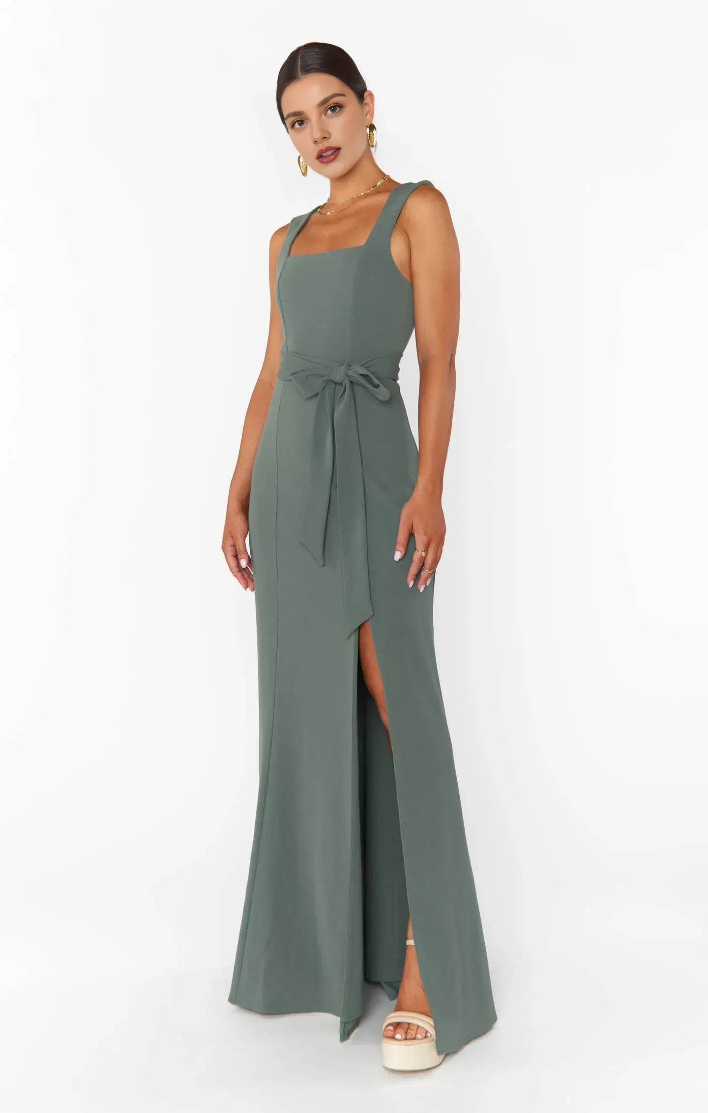 Elegant A-Line Square Neck Sleeveless High Slit Sage Green Floor-Length Prom Gown