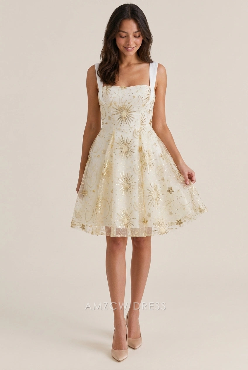 Elegant A-Line Square Neck Sparkling Sequin Cream Short Homecoming Dresses