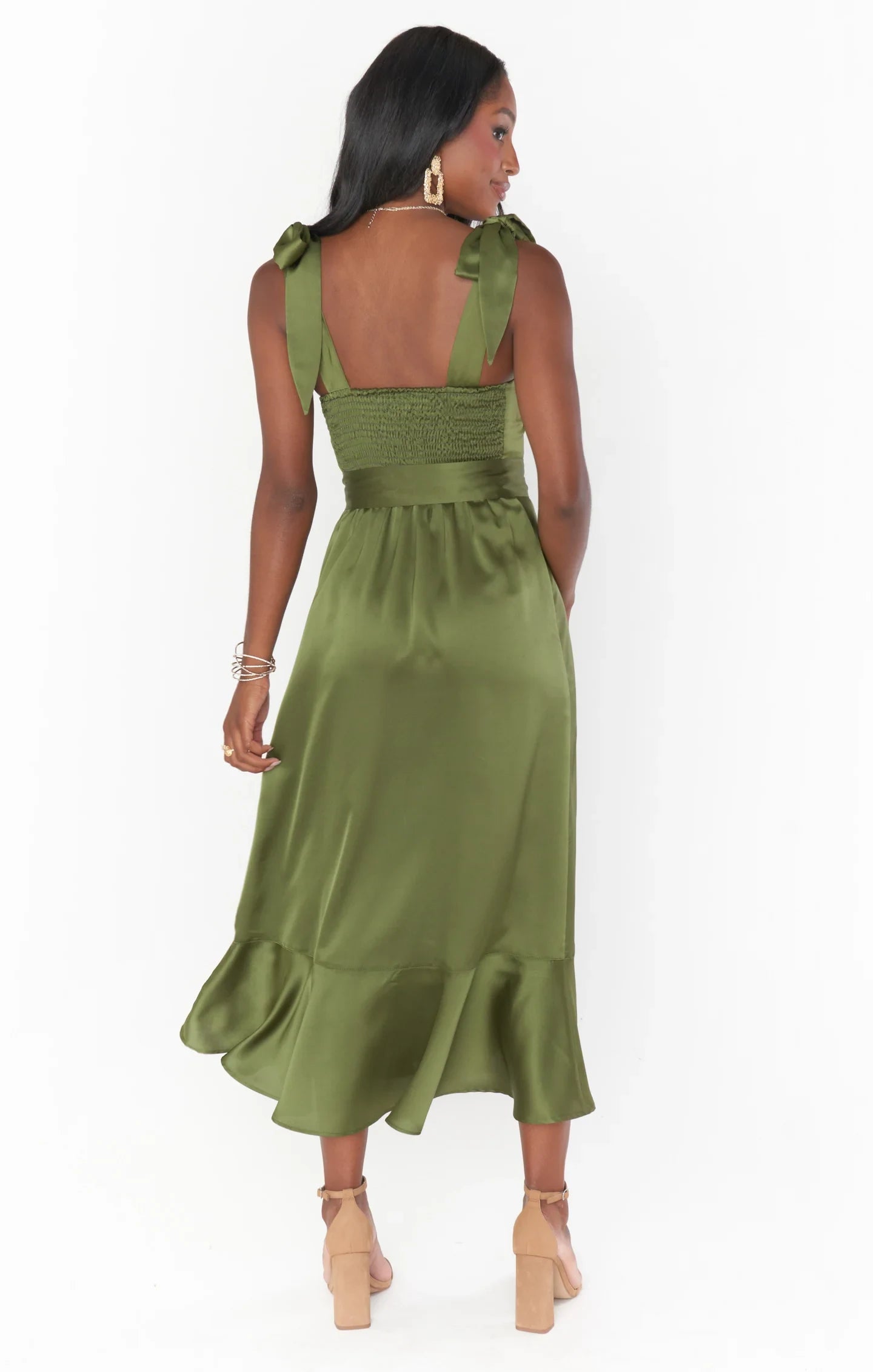 Elegant A-Line Square Neck Tie-Shoulder Ruffled Olive Green Midi Prom Dress