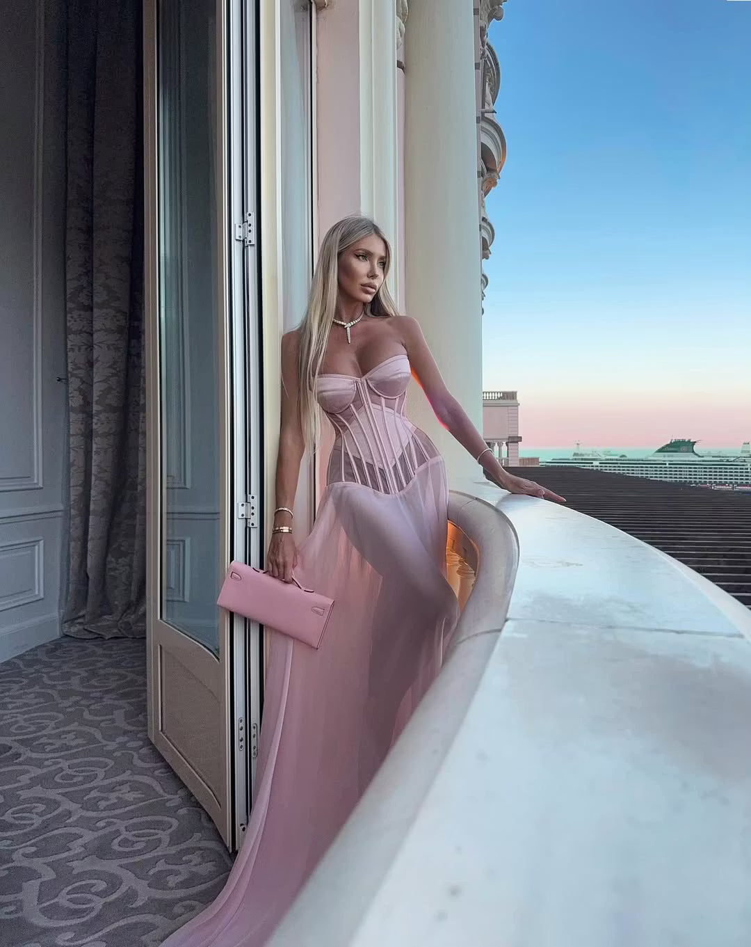 Elegant A-Line Strapless Corset Sheer Pink Floor-Length Prom Women's Gown