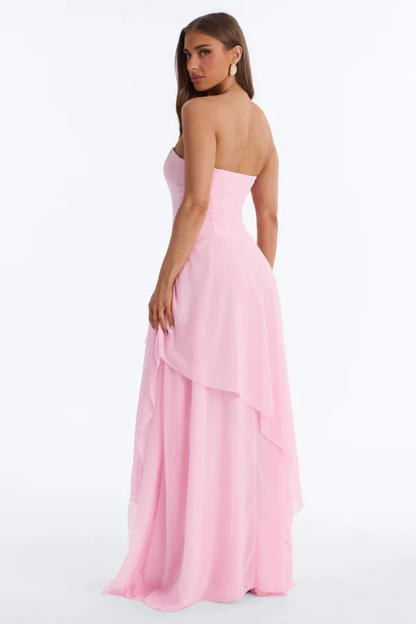 Elegant A-Line Strapless Ruffled Layered Light Pink Floor-Length Prom Gown