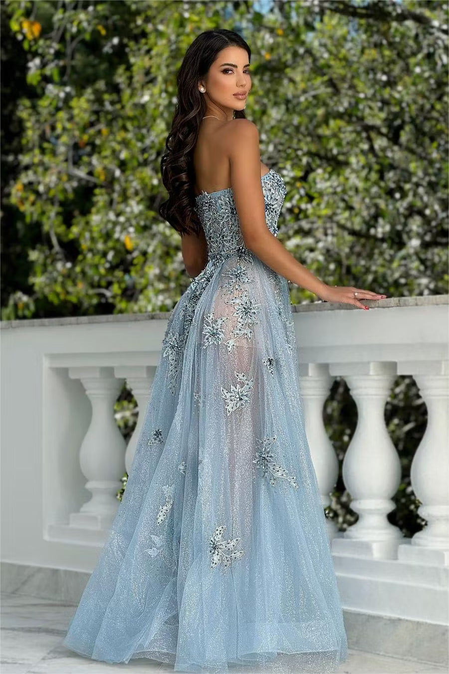 Elegant A-Line Strapless Sleeveless Embroidered Glittery Light Blue Floor-Length Prom Gown