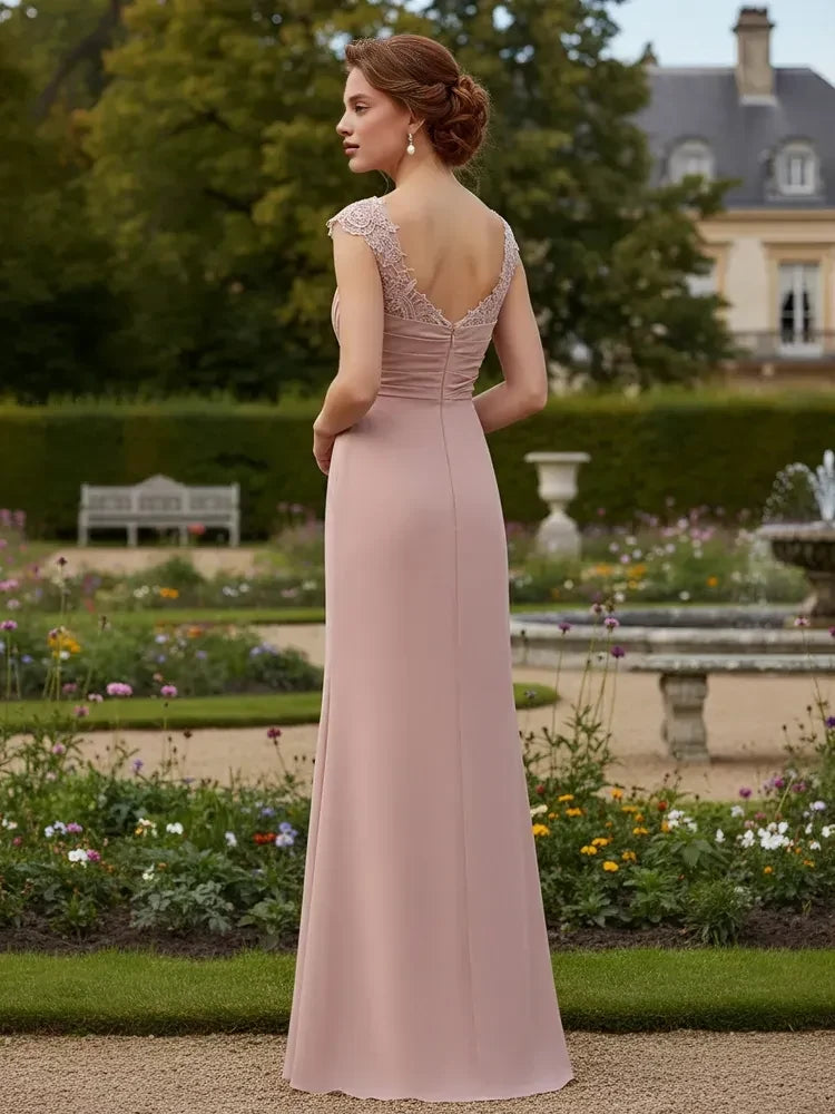 Elegant A-Line Sweetheart Cap Sleeve Ruched Lace Dusty Rose Floor-Length Prom Gown