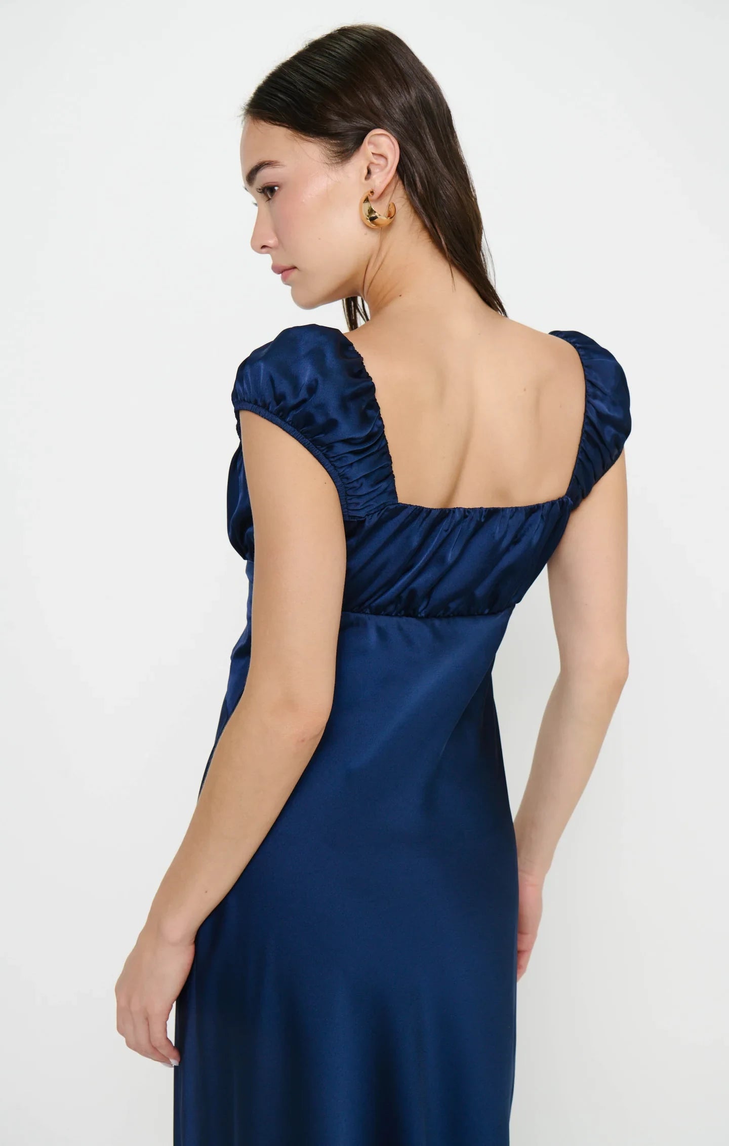 Elegant A-Line Sweetheart Cap Sleeve Ruched Navy Blue Floor-Length Prom Dresses Gown