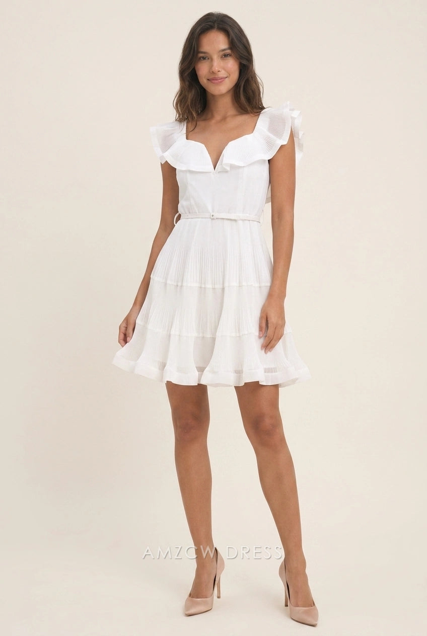 Elegant A-Line Sweetheart Ruffle Sleeves Pleated Tiered White Mini Homecoming Dresses