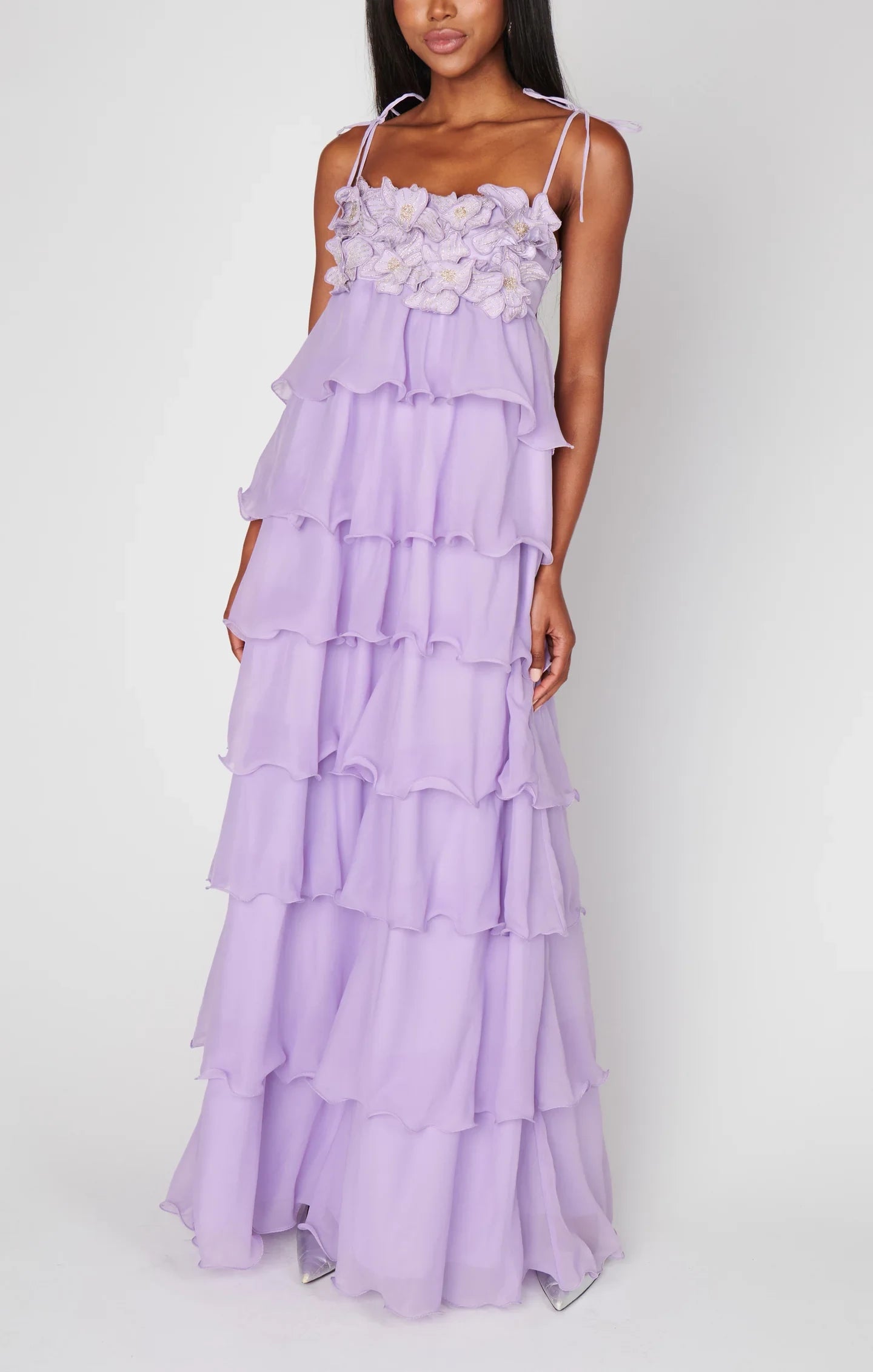 Elegant A-Line Sweetheart Sleeveless Floral Tiered Lavender Floor-Length Prom Dresses Gown