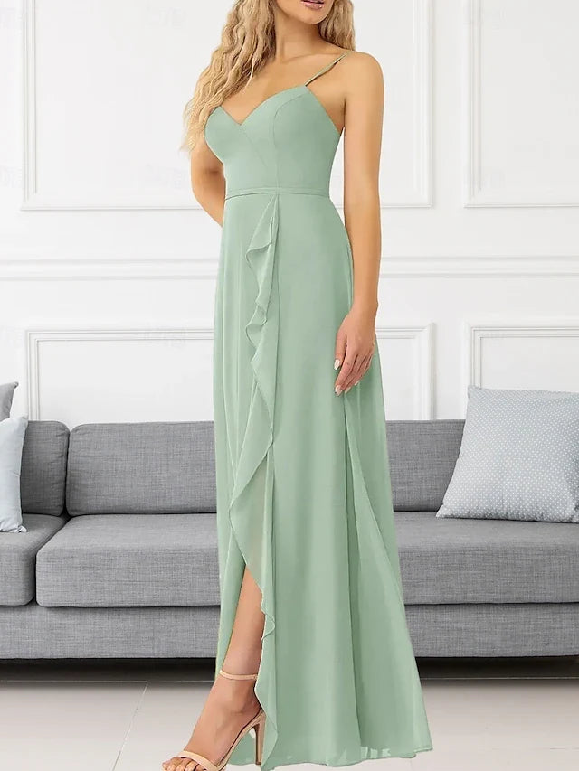 Elegant A-Line Sweetheart Sleeveless Flowy Slit Sage Green Floor-Length Prom Gown