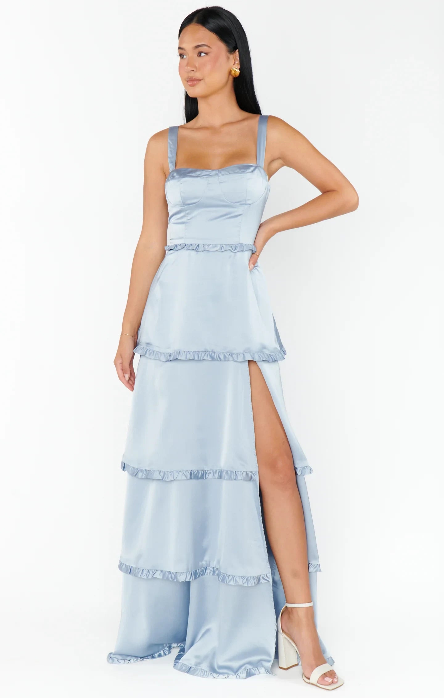 Elegant A-Line Sweetheart Sleeveless Ruffled Tiered Light Blue Floor-Length Prom Dress