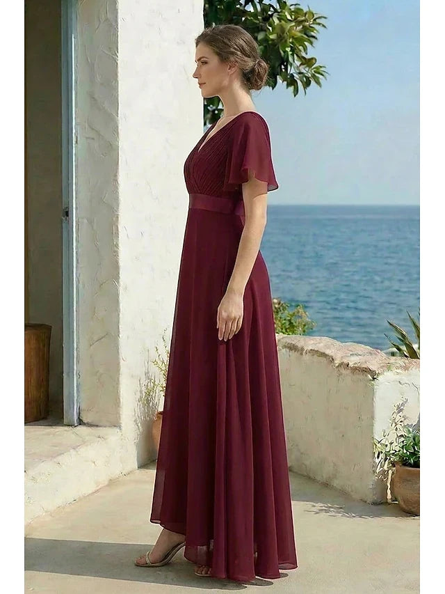Elegant A-Line V-Neck Flutter Sleeve Ruched Burgundy Floor-Length Prom Dress