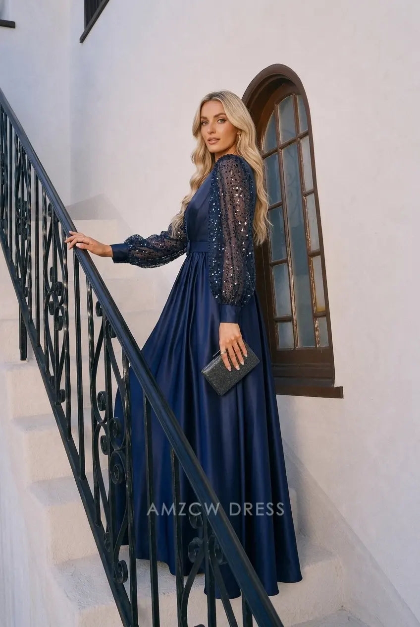 Elegant A-Line V-Neck Long Sleeve Sequin Navy Blue Floor-Length Prom Gown