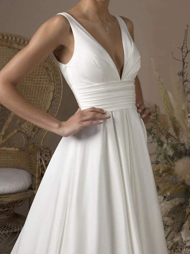Elegant A-Line V-Neck Sleeveless Classic Ivory Floor-Length Prom Gown