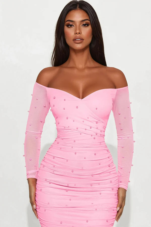 Elegant Bodycon Off-Shoulder Sweetheart Long Sleeve Pearl Ruched Pink Midi Prom Dress