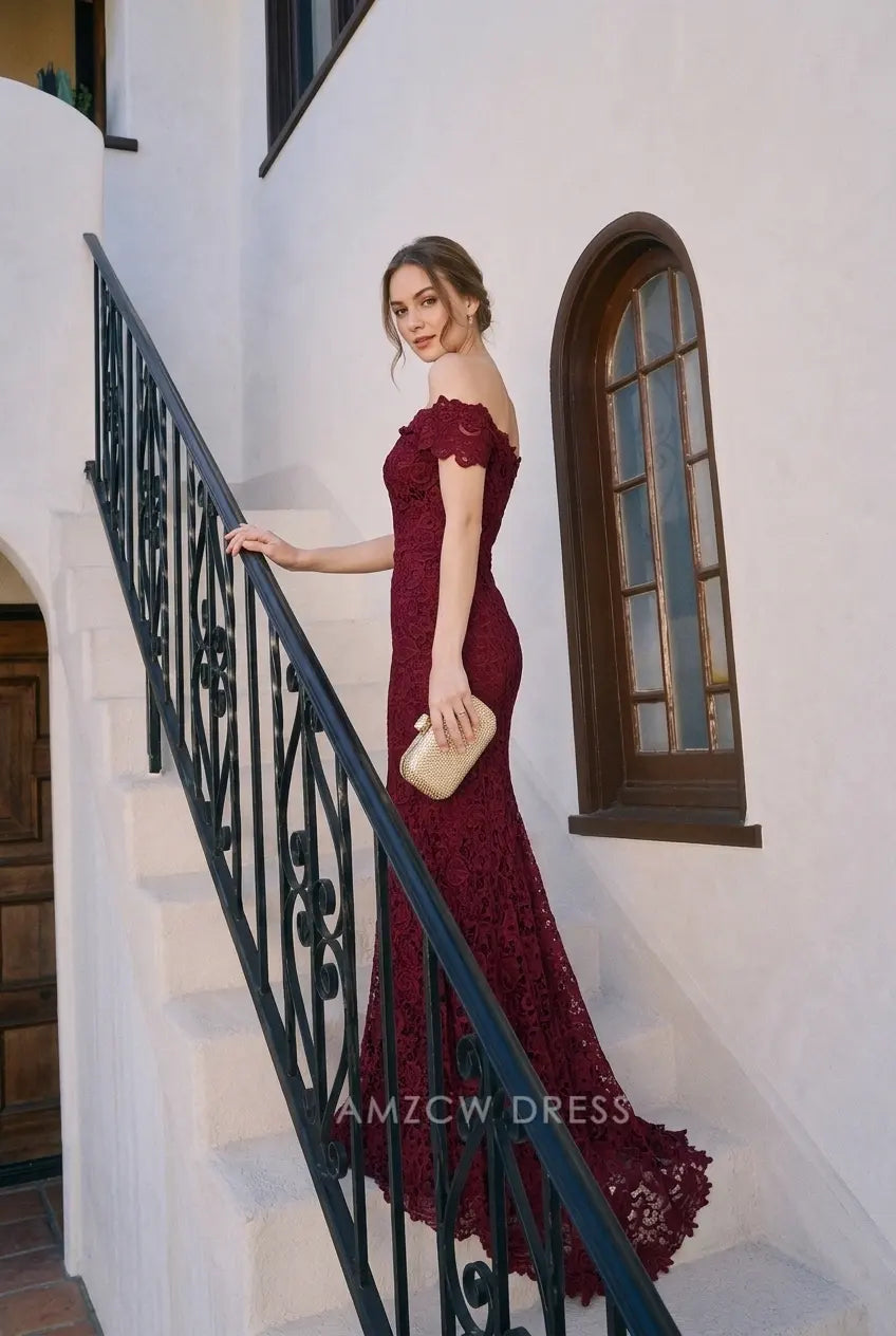 Elegant Fitted Off-Shoulder Lace Burgundy Floor-Length Mermaid Prom Dress Women's