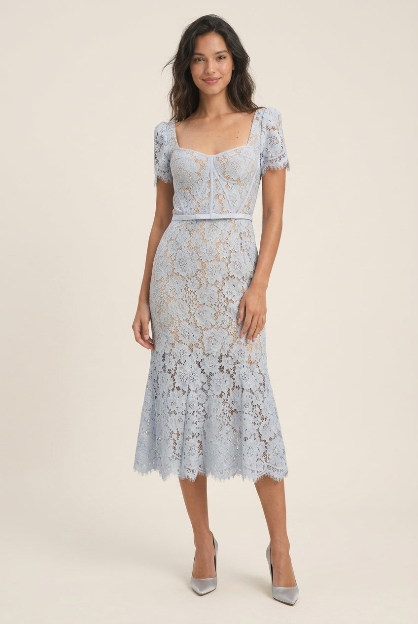 Elegant Fitted Square Neck Short Sleeve Lace Midi Light Blue Prom Dresses
