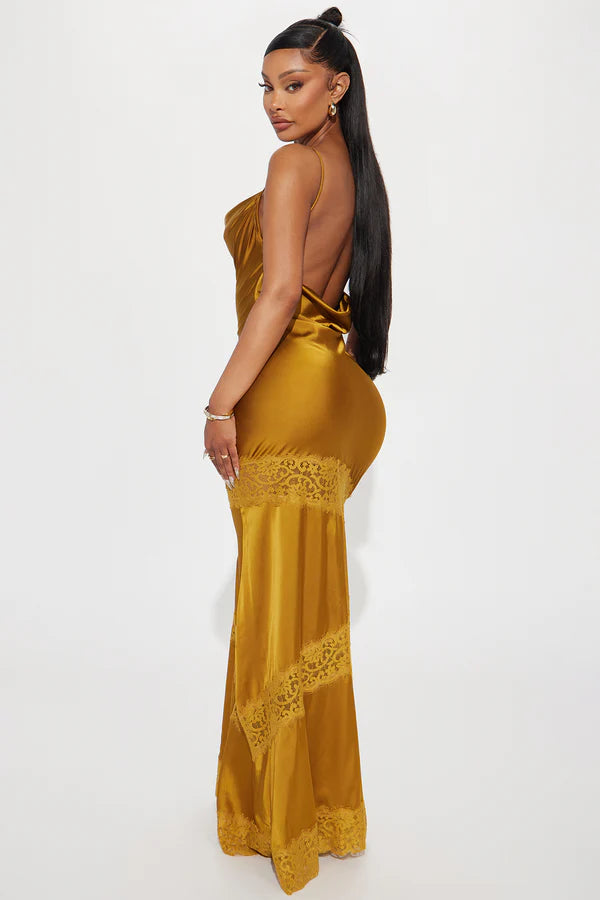 Elegant Mermaid Cowl Neck Sleeveless Draped Lace-Trimmed Gold Floor-Length Women's Prom Gown