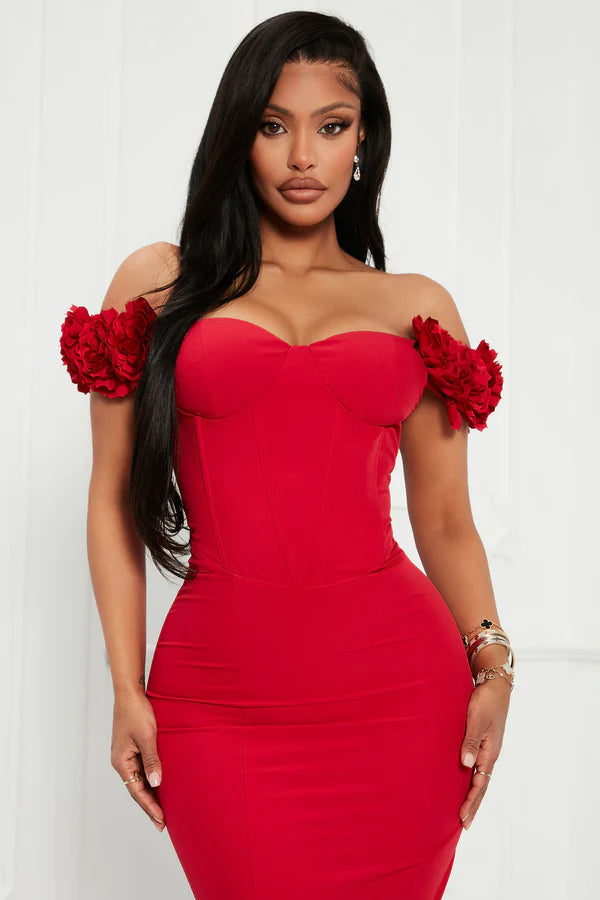 Elegant Mermaid Off-Shoulder Floral Applique Red Floor-Length Prom Dresses Women's Gown