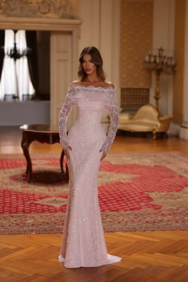 Elegant Mermaid Off-Shoulder Long Sleeve Sequin Blush Pink Floor-Length Homecoming Dresses