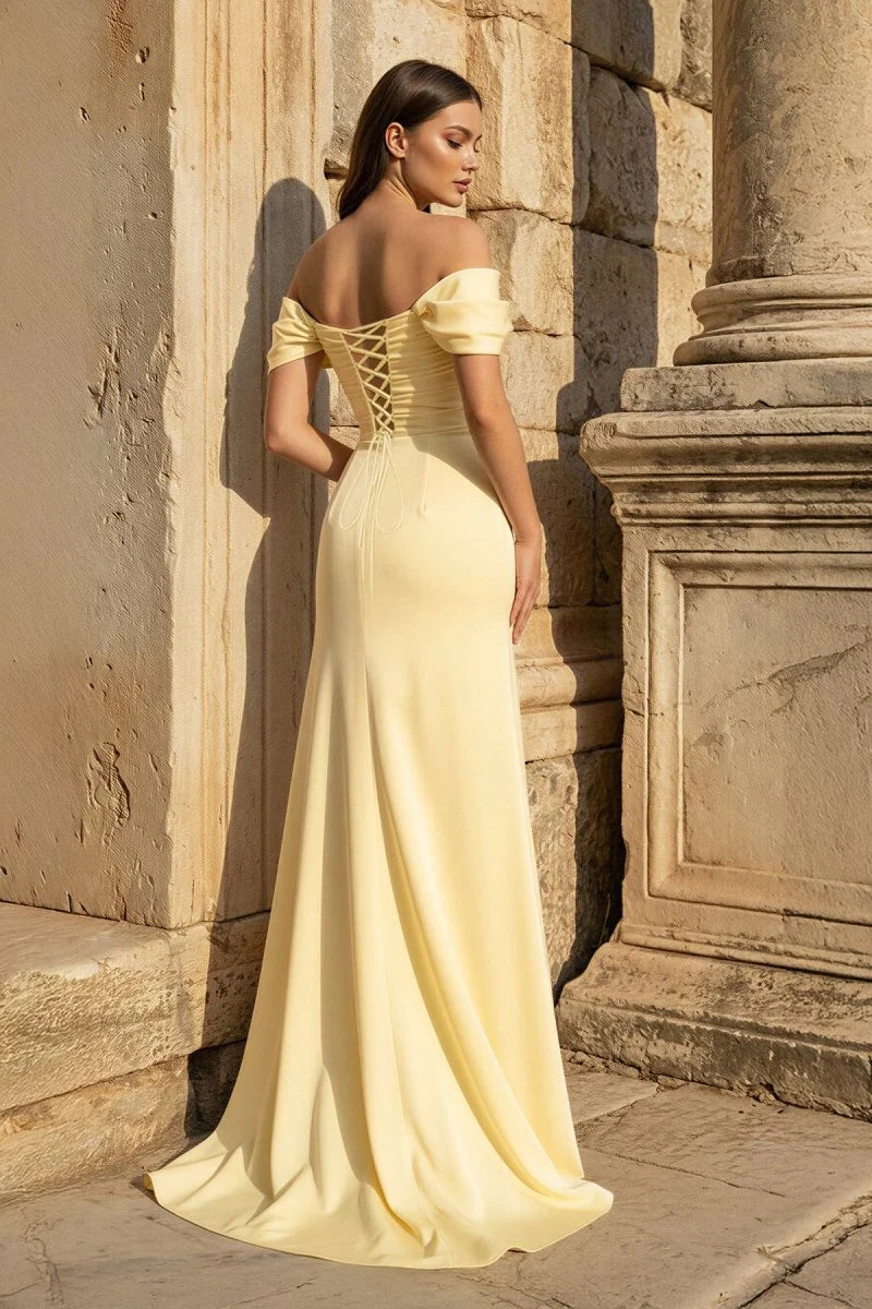 Elegant Mermaid Off-Shoulder Ruched Bodice Floral Slit Yellow Long Prom Dresses