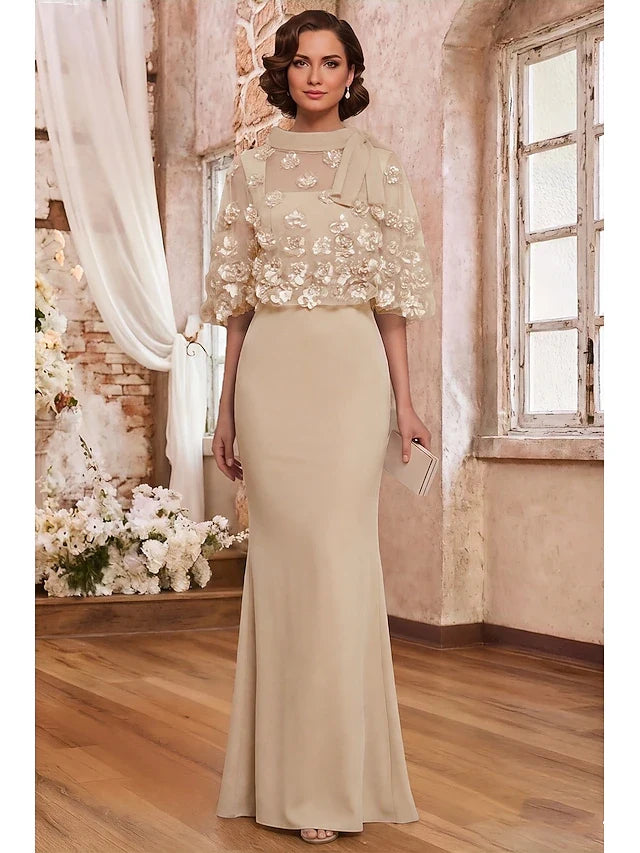 Elegant Mermaid Square Neck Floral Cape Nude Beige Floor-Length Prom Dresses Gown