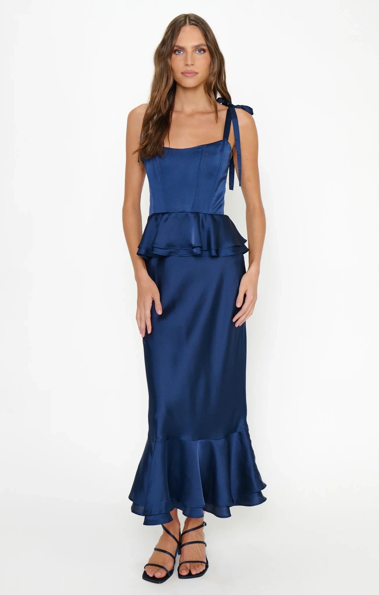 Elegant Mermaid Square Neck Sleeveless Peplum Navy Blue Midi Prom Dress