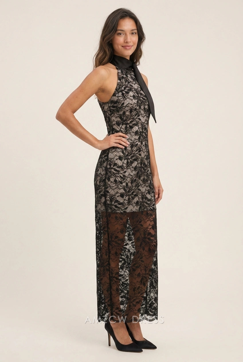 Elegant Sheath Halter Neck Lace Overlay High Slit Black Maxi Prom Dresses