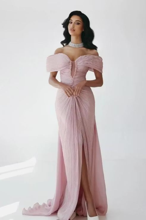 Elegant Sheath Off-Shoulder Pleated High Slit Pink Floor-Length Prom Dresses Women's Gown