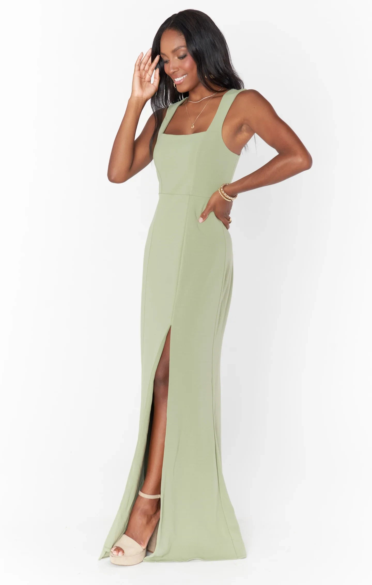 Elegant Sheath Square Neck Sleeveless Slit Back Tie Sage Green Floor-Length Prom Dress