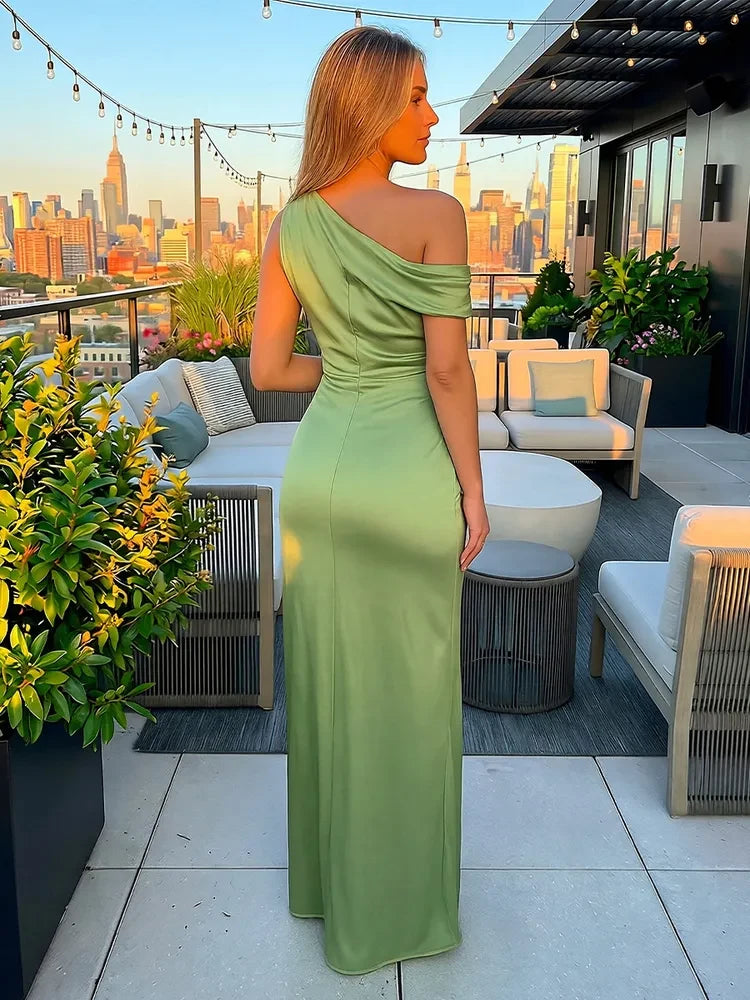 Elegant Slim-Fit One-Shoulder Ruched Slit Green Floor-Length Prom Dresses Women's Gown