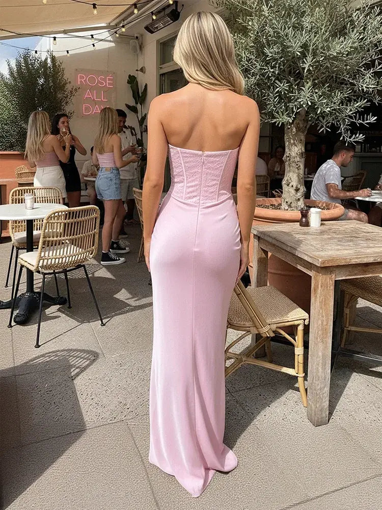 Elegant Strapless Corset Ruched Light Pink Floor-Length Prom Dress Women's Gown