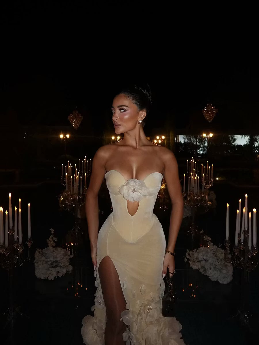 Elegant Strapless Mermaid Floral High Slit Champagne Floor-Length Prom Gown