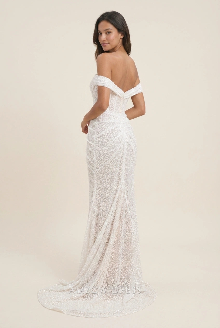 Elegant Trumpet Off-Shoulder Ruched Sparkling Champagne Floor-Length Prom Dresses