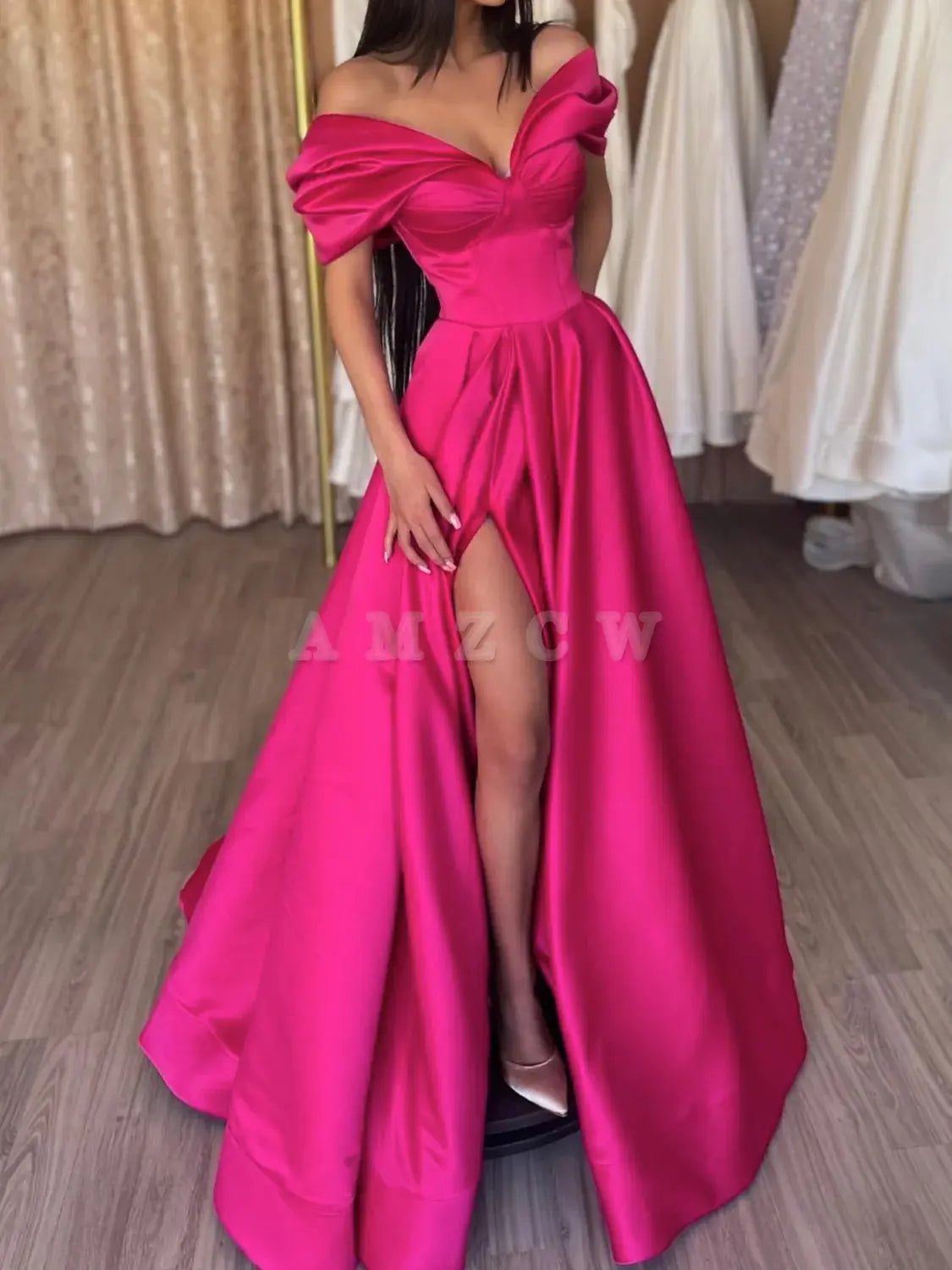 Amzcw Elegant v neck off shoulder satin long prom dress formal evening dress formal wear dresses