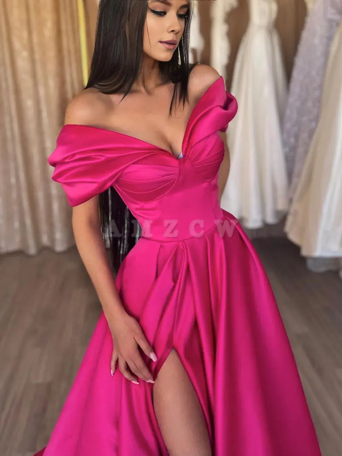 Amzcw Elegant v neck off shoulder satin long prom dress formal evening dress formal wear dresses