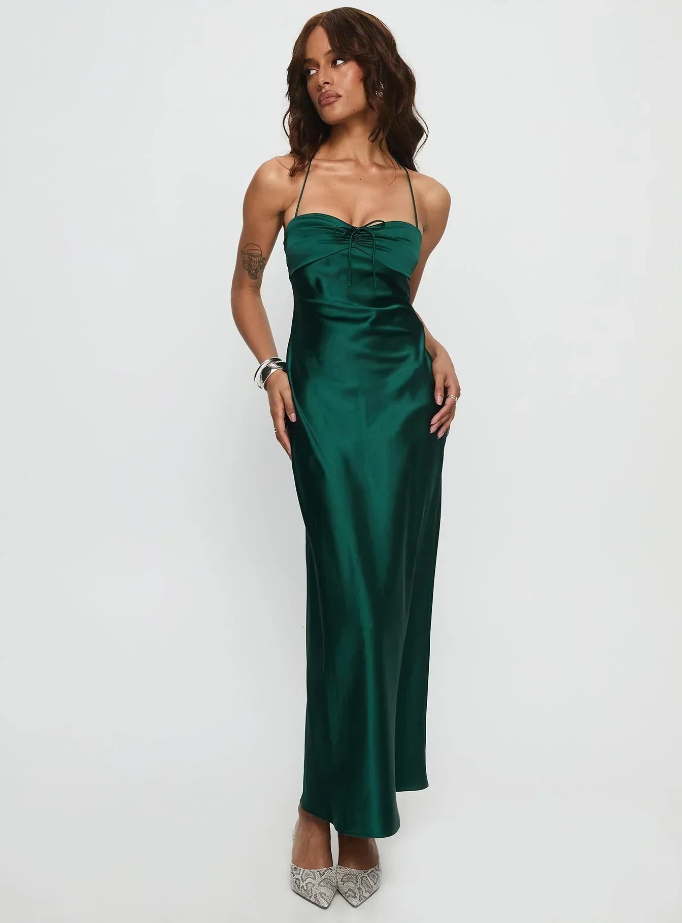 Emerald Green Halter Neck Satin Maxi Formal Evening Prom Dress