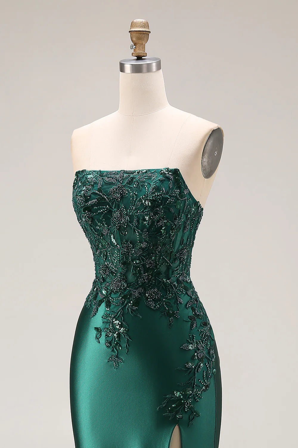 Emerald Green Strapless Beaded Lace-Up Mermaid Prom Dress with High Slit