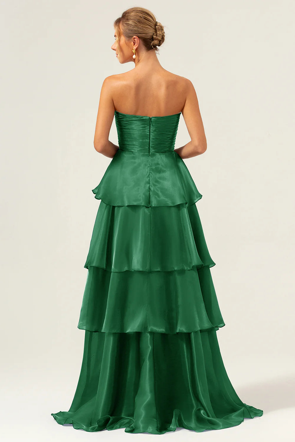Emerald Green Strapless Ruched Bodice Tiered Ruffle A-Line Maxi Prom Dress