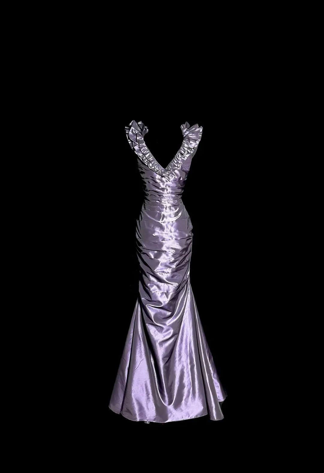 Evening Dress Ruffled V-Neck Purple Satin Mermaid Gown with Ruched Bodice and Train