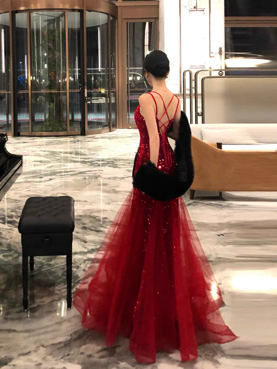 Evening Dress Spaghetti Strap Red Sequin Mermaid Gown with Deep V-Neck Crisscross Back Tie and Tulle Train