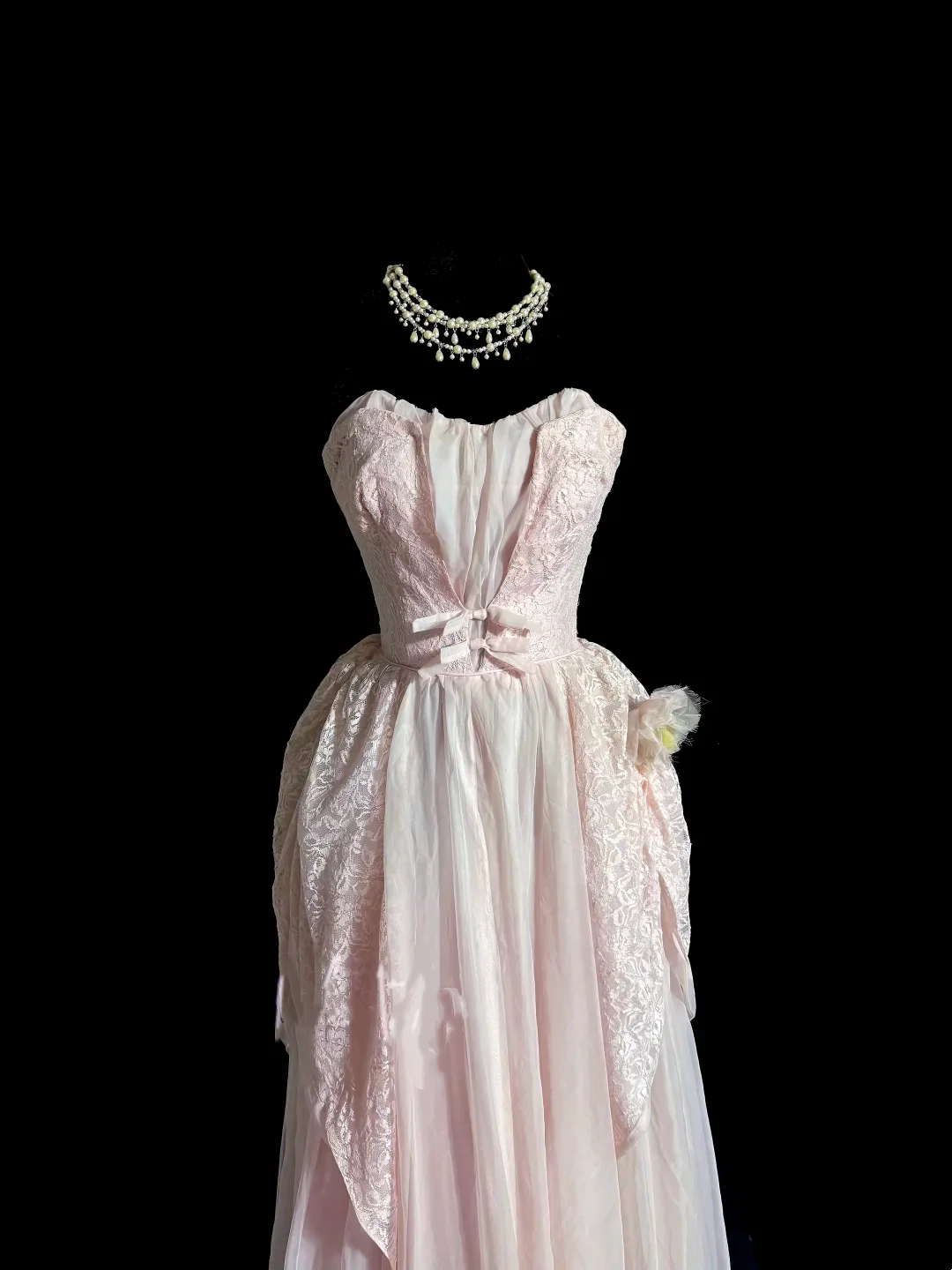 Evening Dress Strapless Blush Pink Lace and Chiffon Maxi Gown with Bow Accent and Asymmetrical Hem