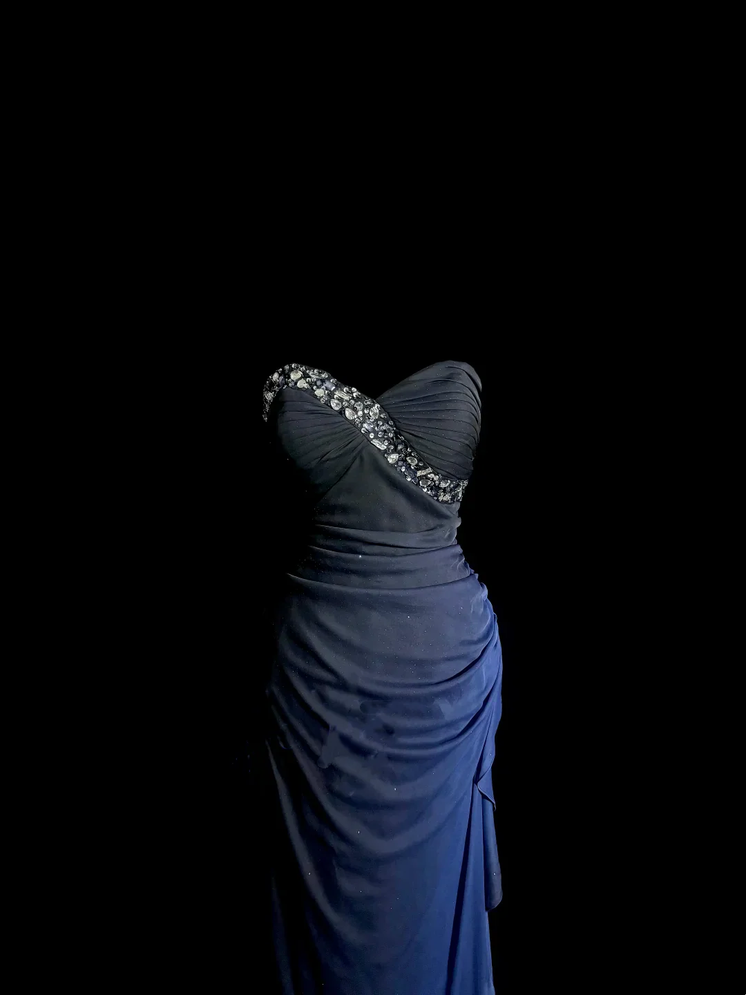 Evening Dress Strapless Navy Blue Chiffon Gown with Beaded Sweetheart Neckline Ruched Side and Ruffle Slit