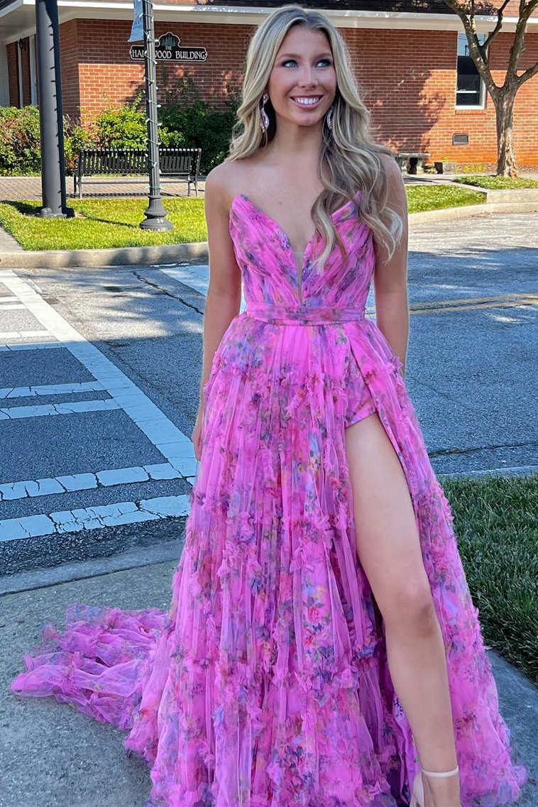 Vestido de fiesta sin mangas con escote en V, corte A y cola larga con estampado floral multicolor