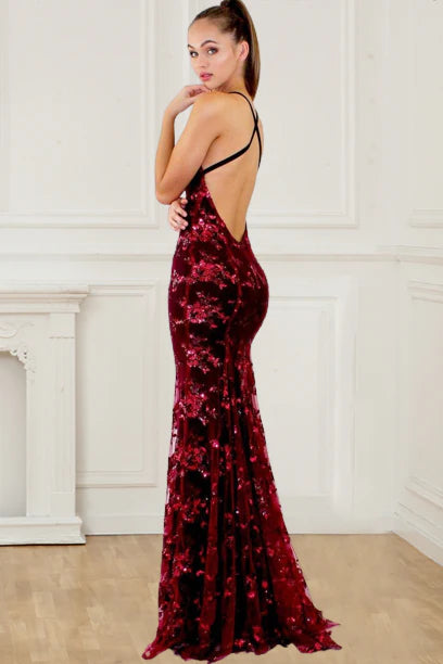 Vestidos de fiesta de moda con tirantes finos, lentejuelas burdeos, sirena, espalda descubierta, escote en V profundo