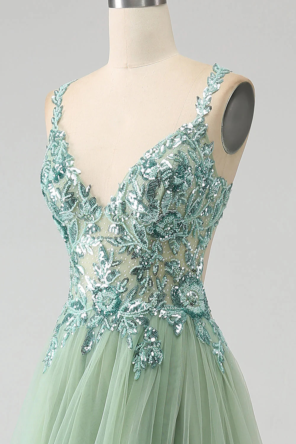 Amzcw Gorgeous Light Green A Line Spaghetti Straps Long Prom Dress with Appliques prom dresses shops