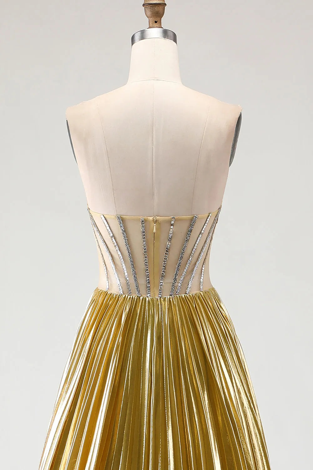 Glamorous Golden Ballgown Strapless Beaded Sleeve Zipper Back Long Prom Dresses with Slit