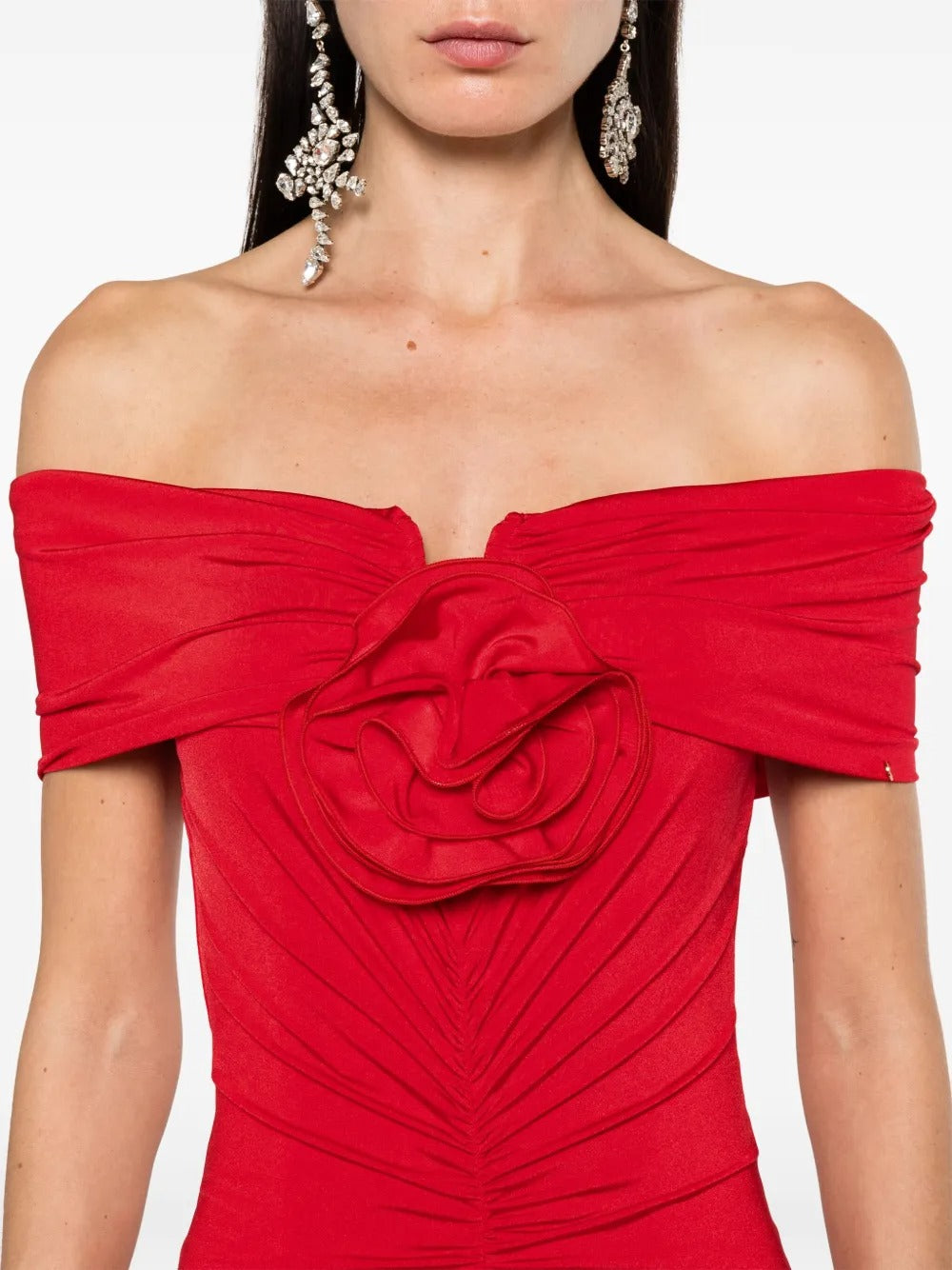 Glamorous Red Off-the-Shoulder Rosette Ruched Prom Dress