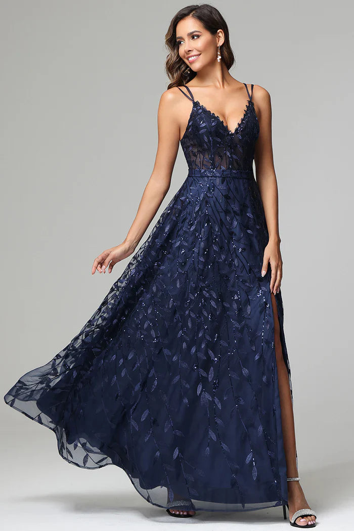Glamorous Sequin Leaf A-Line V-Neck Spaghetti-Strap Open-Back Floor-Length Prom Dress for Women