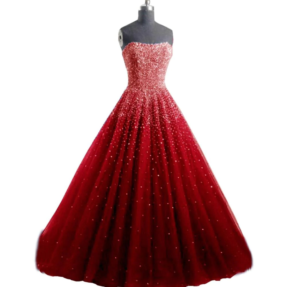 Glittery A Line Blue Tulle Strapless Long Prom Dresses UK Bling Bling Quinceanera Dresses